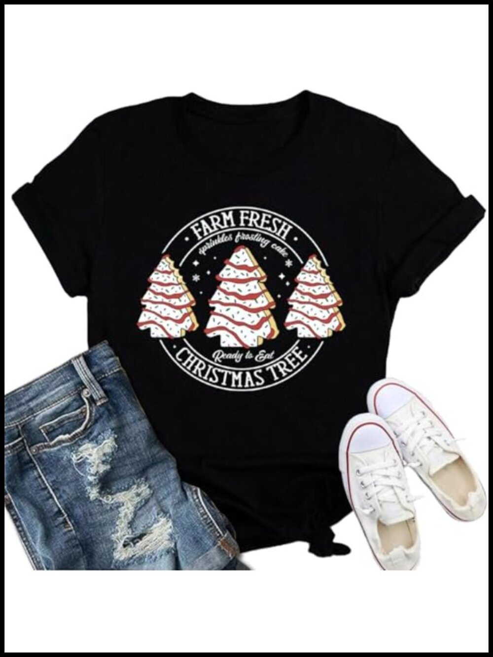 Womens Christmas Tree Cake T-Shirt Merry Xmas Holiday Tee Crew Neck